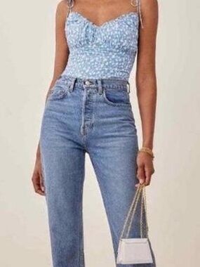 Reformation Light Blue Floral Tie-Strap Cropped Top Size 2